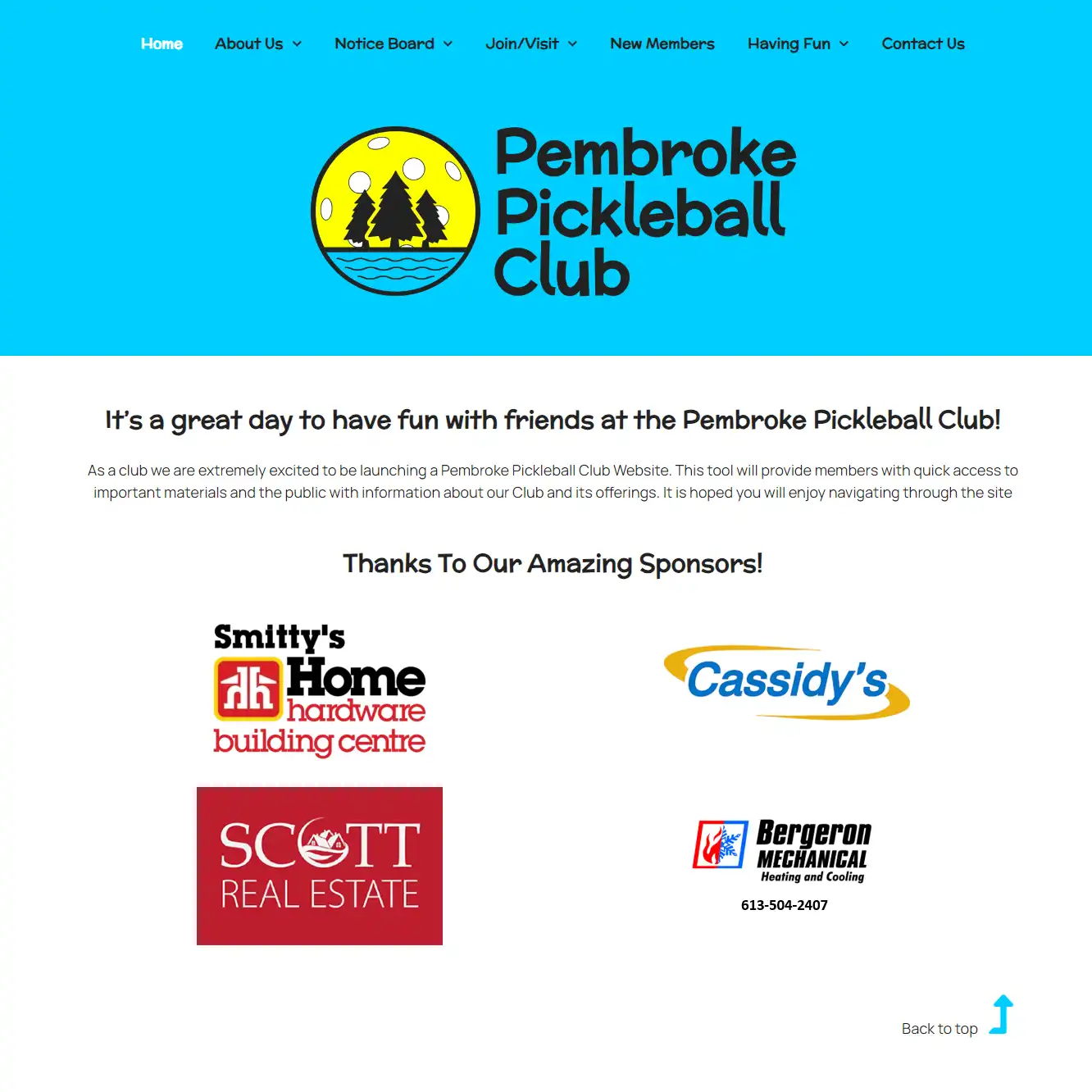 Screenshot of the The Pembroke Pickleball website